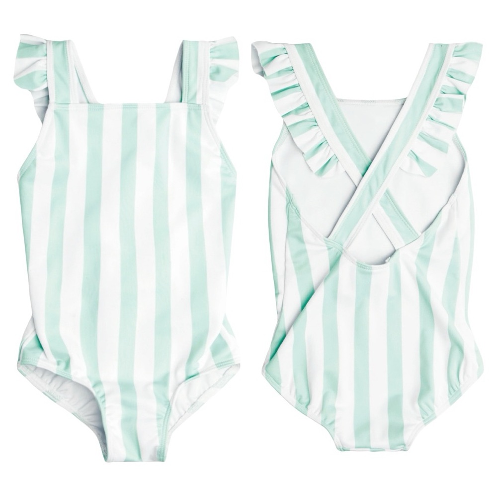Minnow Girls Striped Ruffle Crossover One Piece Swimsuit Bathing Suit Seafoam 2T